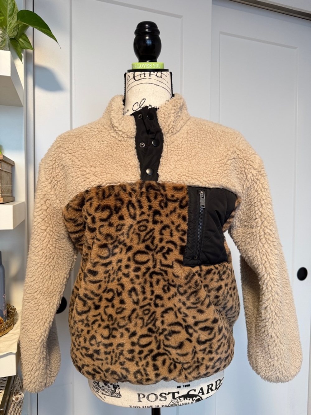 Rails Beige Sherpa Pullover with Leopard Print Panel and Black Trim